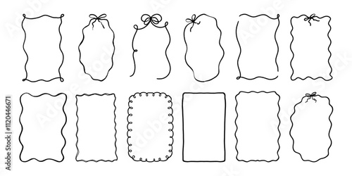 Vintage wavy hand drawn coquette frames. Vector illustration of squiggle borders with bows in whimsical French retro style for birthday banner, Christmas menu or wedding invitation