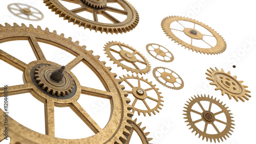 Floating clockwork gears, brass texture, transparent background
