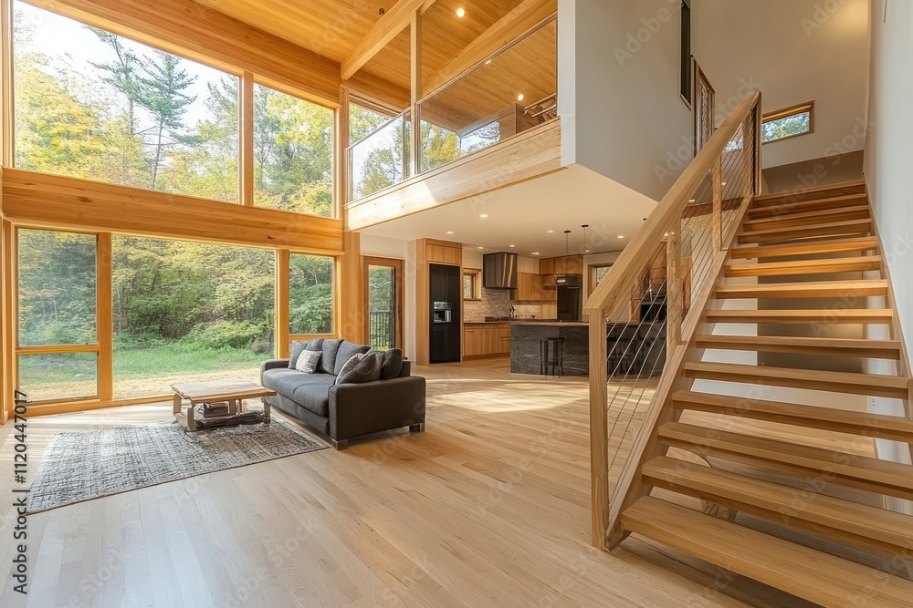 Natural ash wood staircase inside a newly constructed house, reflecting a minimalist, contemporary style Natural ash wood staircase inside a newly constructed house, reflecting a minimalist, contemporary style