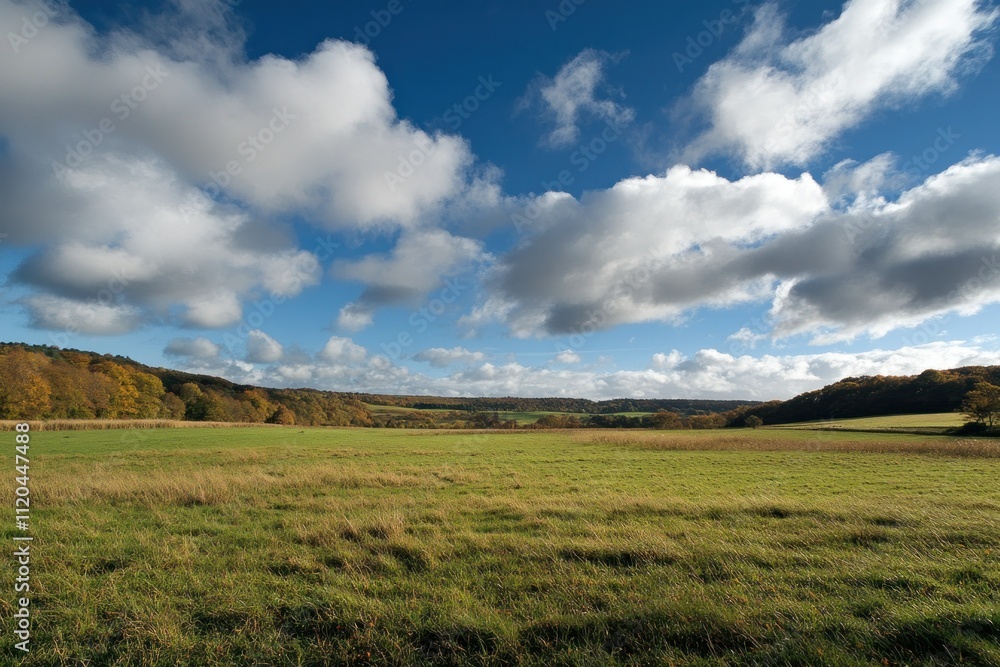 Scenic countryside field with a blue sky and scattered white clouds Scenic countryside field with a blue sky and scattered white clouds