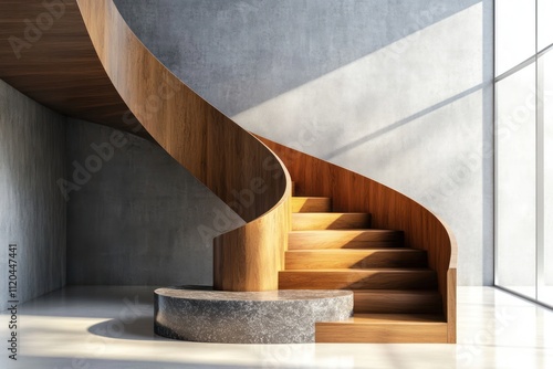 Elegant wooden stair winders with granite base, illuminated by natural sunlight, against a polished concrete wall in a modern 3D loft setting photo