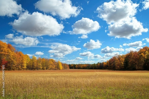 Golden autumn field under a vibrant blue sky with fluffy white clouds