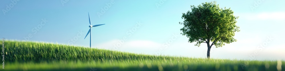 Single tree and wind turbine in a grassy landscape under a blue sky, representing green energy and harmony with nature Single tree and wind turbine in a grassy landscape under a blue sky, representing green energy and harmony with nature
