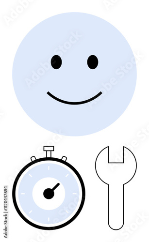 happy face stopwatch and wrench. Ideal for productivity, time management, work efficiency, positive attitude, repair, maintenance, and service. Line metaphor