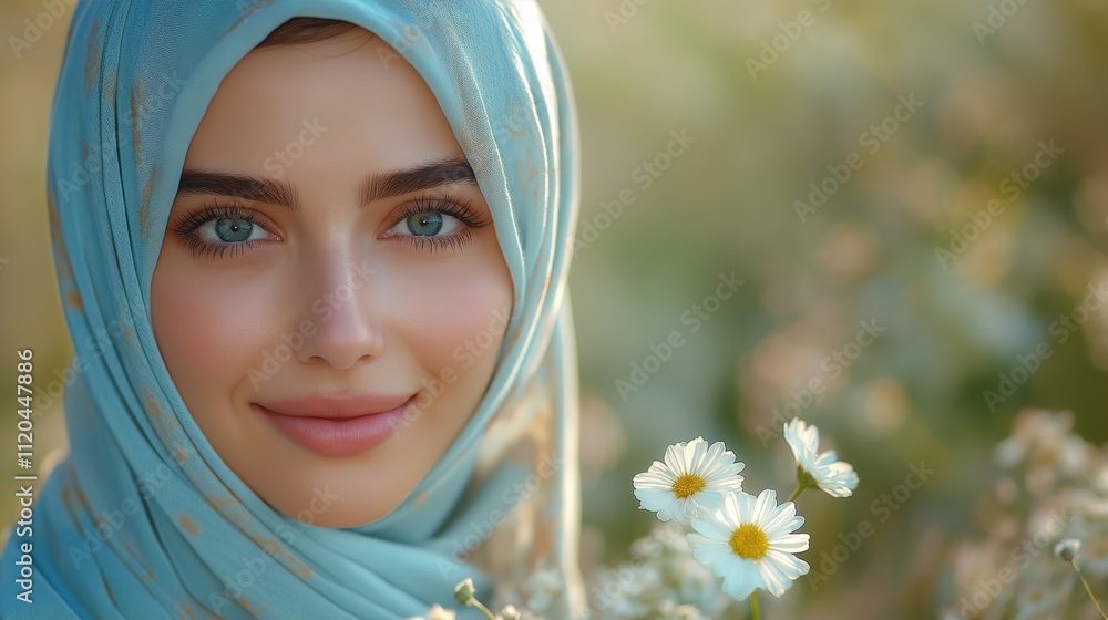 Woman in Blue Hijab Holding Flowers in Serene Sunlight Woman in Blue Hijab Holding Flowers in Serene Sunlight