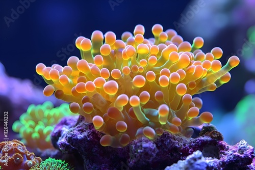 Bright underwater coral with vibrant orange and yellow colors, glowing under blue aquarium light, showcasing marine beauty photo