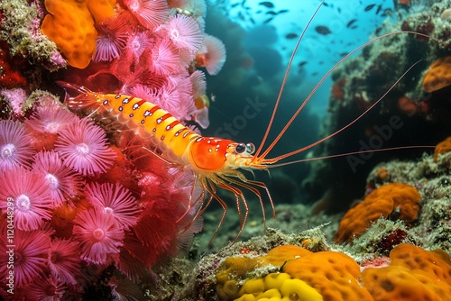 Close-up of a single colorful shrimp on a coral reef, highlighted under glowing underwater light photo