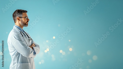Doctor in White Coat with Arms Crossed on Blue Background
