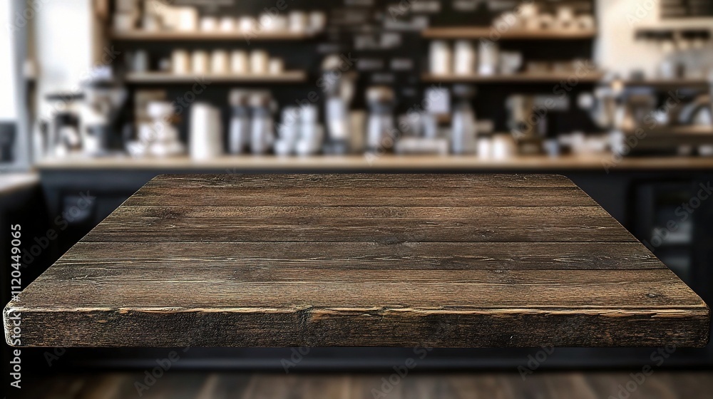 Rustic Wood Table on Coffee Shop Counter with Blurred Background Rustic Wood Table on Coffee Shop Counter with Blurred Background