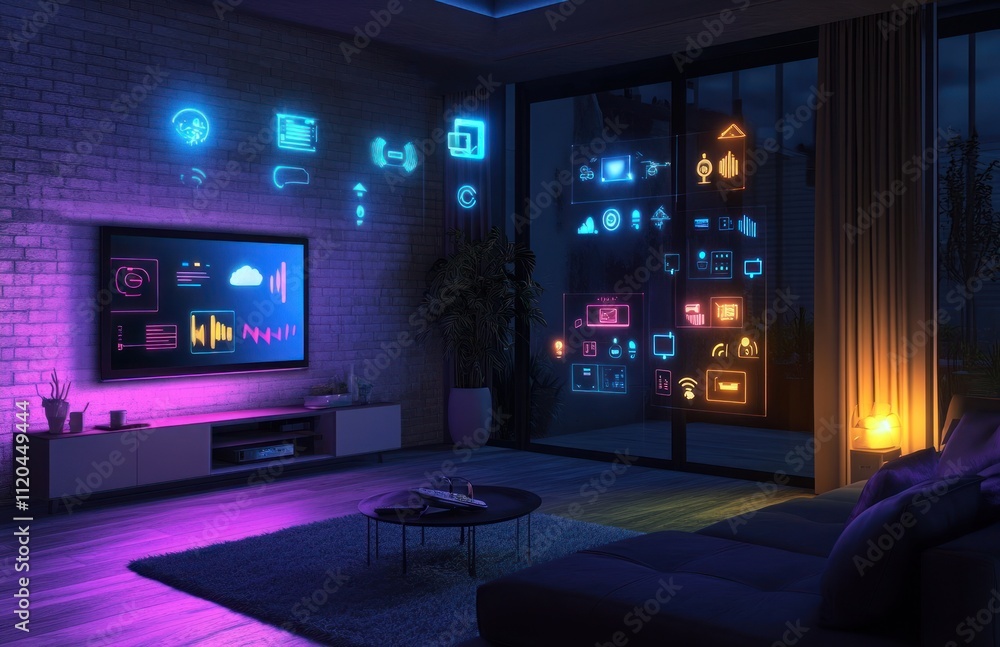 Smart home technology interface displayed on TV screen in modern living room at night. Smart home technology interface displayed on TV screen in modern living room at night.
