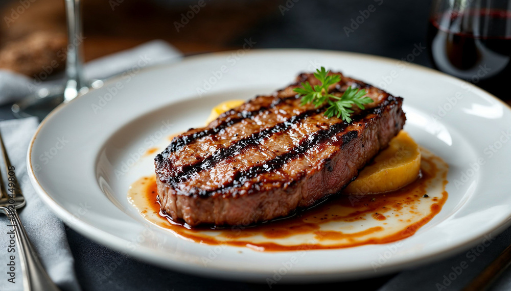 A beautifully plated medium-rare grilled red meat with wine in a luxurious restaurant setting.
A beautifully plated medium-rare grilled red meat with wine in a luxurious restaurant setting.
