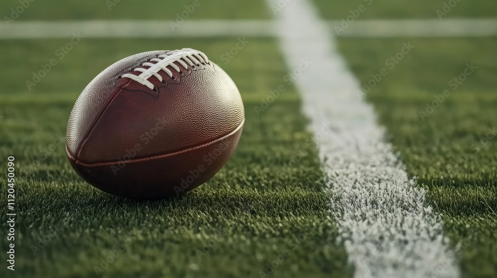 A big American football on the field, with white lines leading to it and a green background. A big American football on the field, with white lines leading to it and a green background.