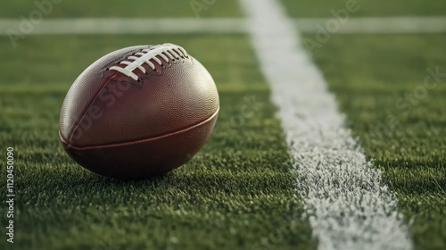 A  big American football on the field, with white lines leading to it and a green background. 