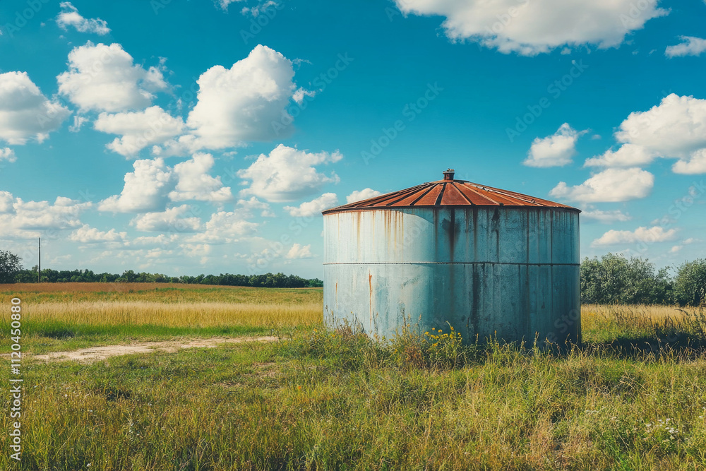 Round metal storage tank surrounded by green grass and blue sky on a sunny day in a rural area Round metal storage tank surrounded by green grass and blue sky on a sunny day in a rural area