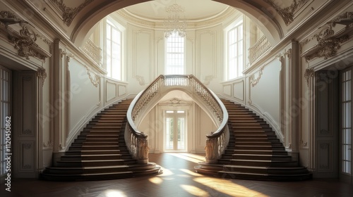 Two-way baroque-style staircase with a grand design and ample copy space for a classic and timeless feel photo