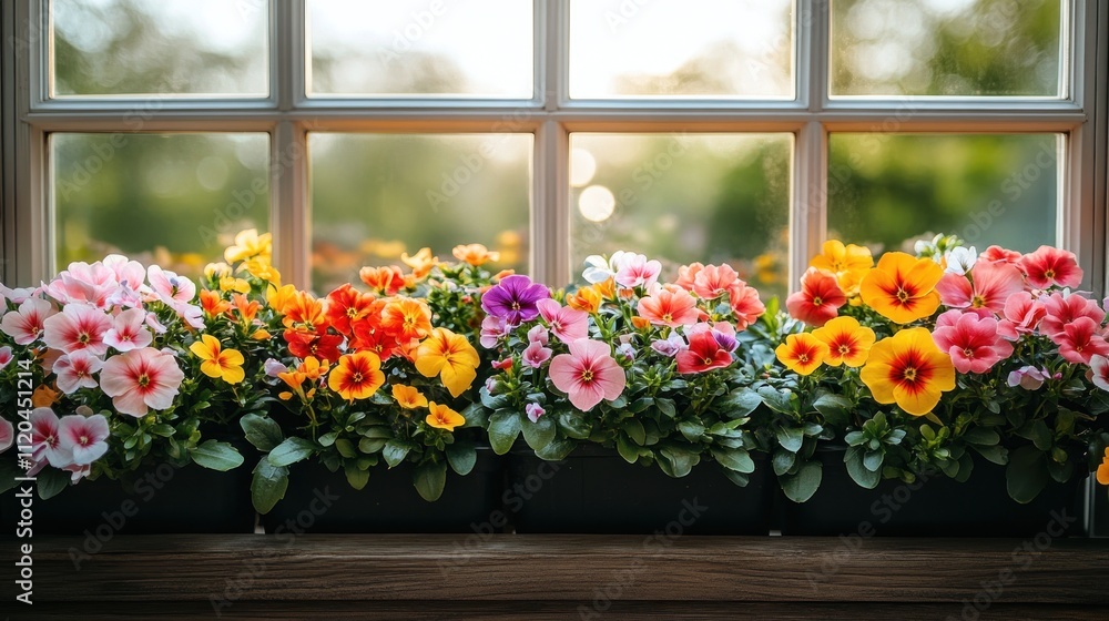 Colorful flowers in window box. Colorful flowers in window box.