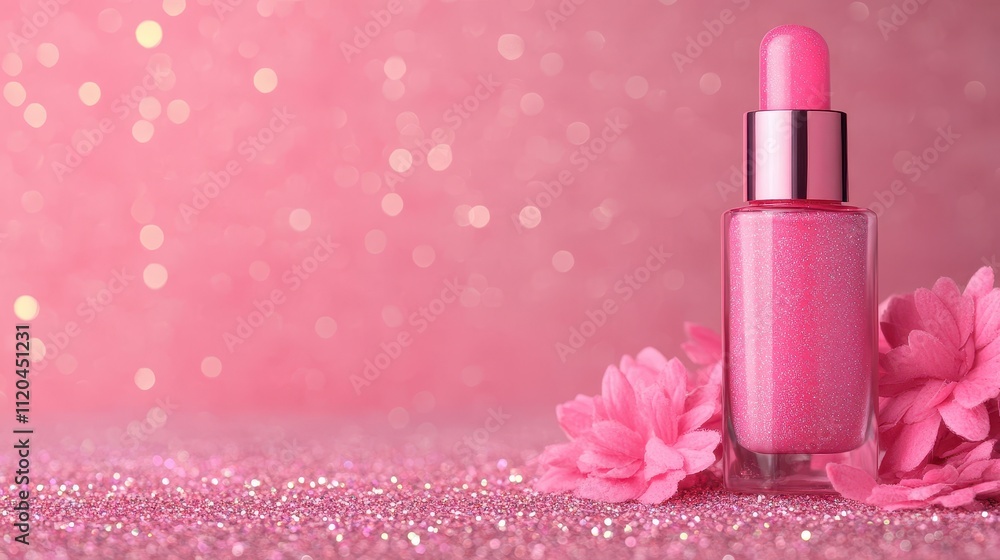 A pink serum dropping bottle with a dropper, surrounded by pink flowers on a glittery background. A pink serum dropping bottle with a dropper, surrounded by pink flowers on a glittery background.