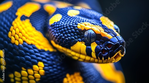 A detailed shot of a reticulated python, among the world's largest snakes, showcasing its stunning yellow and black scale pattern. photo