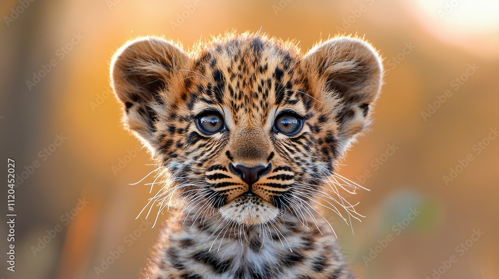 Obraz premium A young leopard cub sits attentively, its large curious eyes reflecting the golden sun