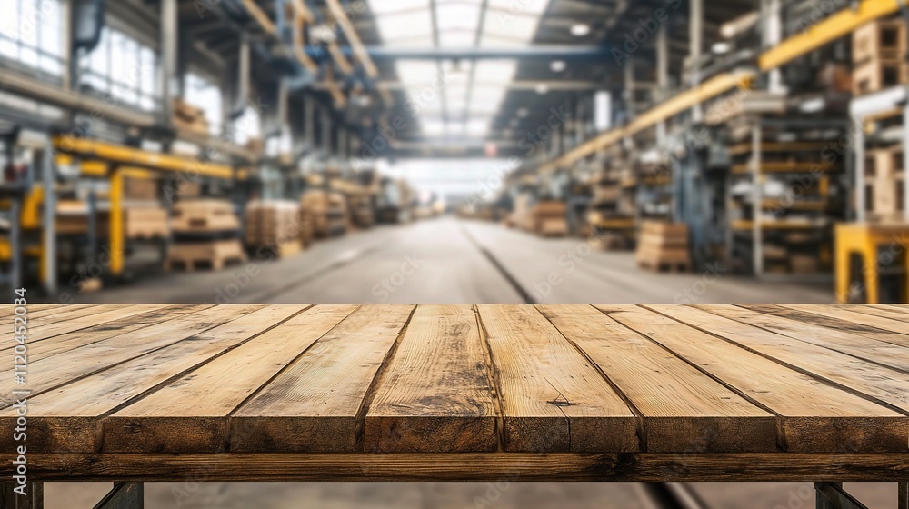 Empty Wooden Table in Blurred Store Factory Background Empty Wooden Table in Blurred Store Factory Background