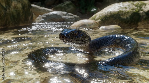 The northern snake, Nerodia sipedon, is a reptile that climbs trees, slithers through water, and thrives in the wild. photo