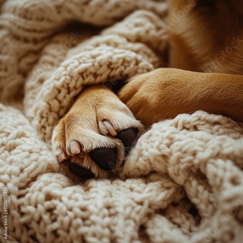 A close-up of a dog's paw resting gently on a cozy knitted blanket, soft indoor lighting, creating a peaceful and warm feeling, celebrating Pet Love Day. photo