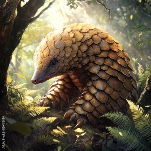 A close-up of a rare pangolin in a forest, surrounded by ferns and natural textures, soft sunlight filtering through the trees.