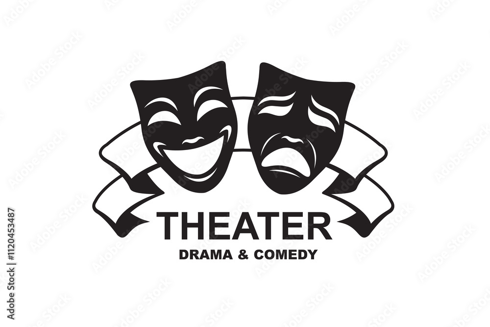 icon of comedy and tragedy theatrical masks with ribbon isolated on white background icon of comedy and tragedy theatrical masks with ribbon isolated on white background