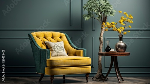 A photo of a stylish armchair with a decorative side