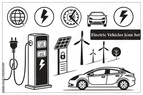 Electric Vehicles' modern Hybrid icons set, a minimalist silhouette, vector, illustration, isolated. Adobe Illustrator Artwork.