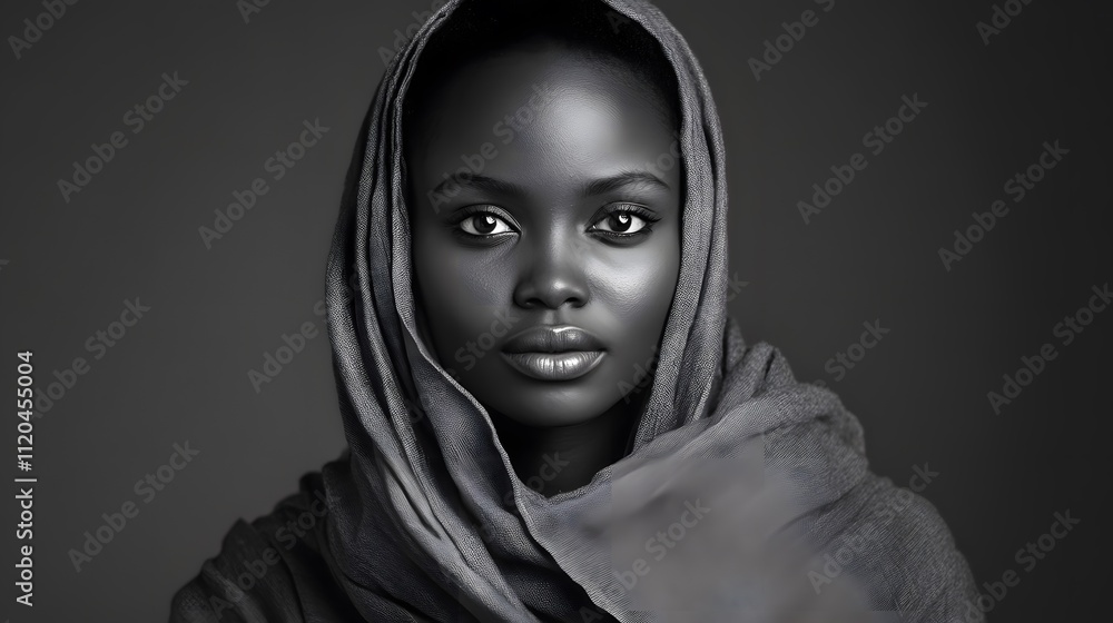 A black-and-white studio portrait of an African woman with short hair, wearing a long, grey cloak A black-and-white studio portrait of an African woman with short hair, wearing a long, grey cloak