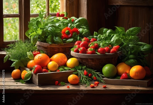 colorful ingredients arrayed wooden table featuring fresh aromatic herbs vibrant culinary display, fruits, vegetables, seasoning, colors, organic, cooking