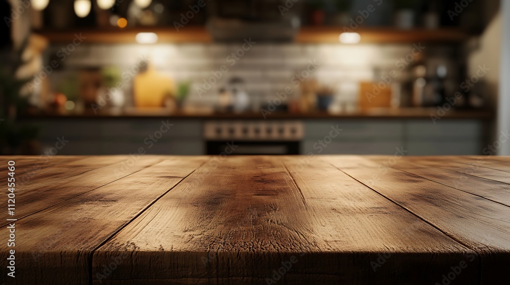 Empty wooden table with a blurred kitchen background, generated by AI for a holiday setting. Empty wooden table with a blurred kitchen background, generated by AI for a holiday setting.