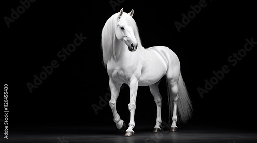 A white horse standing in the dark with a black background photo