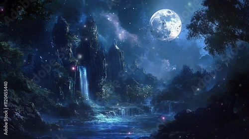 Majestic waterfall under full moon at night with glowing mist and serene atmosphere
Seamless looping 4k time-lapse virtual video animation Generated AI