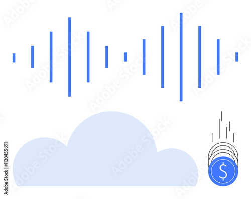 Sound waves hovering above a cloud. Coins with dollar signs falling from the sky. Ideal for cloud technology, audio services, financial savings, investment, money management, technology, data