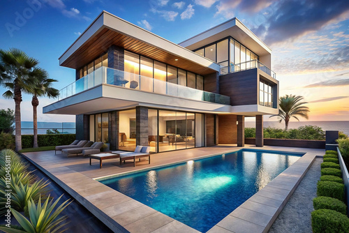 Wallpaper Mural Modern luxury beachfront villa with infinity pool at sunset. Torontodigital.ca