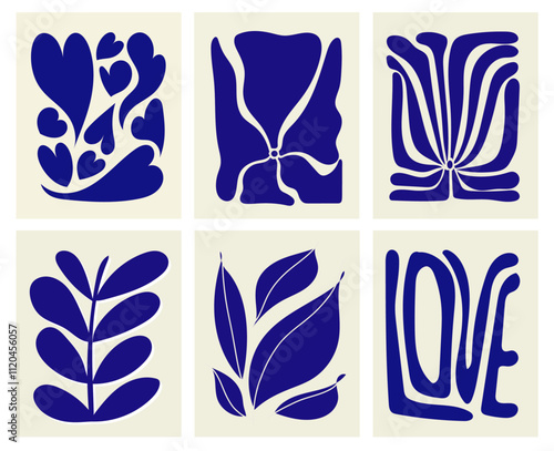 Abstract vectoriel design, forme géométriques de coeur, fleur, feuille, plante, love. Couleur bleu, fond beige. Eléments décoratifs, doodle