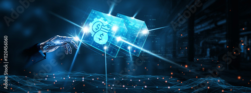 Asset Management : Businessman mechanical robotic hand touching asset management network technology on interface. Investment, portfolio, optimization, analytics.