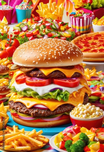 vibrant close enticing spread featuring colorful junk food like candy bright surface, burger, fries, pizza, doughnut, cupcake, nachos, chocolate, popcorn