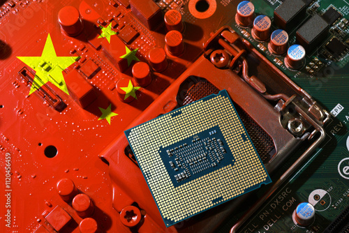 Flag of the Republic of China on a red painted pc motherboard with a CPU. Concept for supremacy in global microchip and semiconductor manufacturing. Italy photo