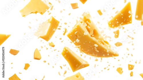 Yellow Cheese Pieces Falling Apart In Mid Air photo