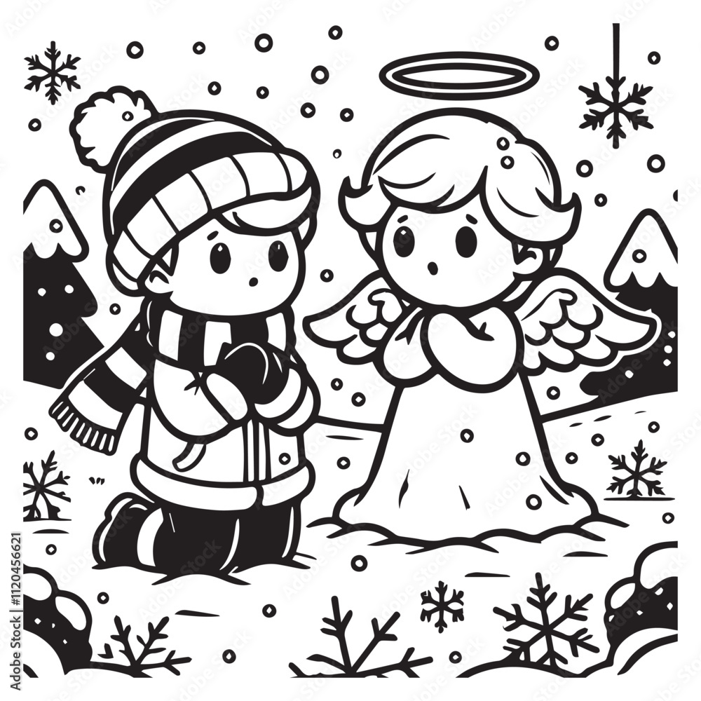 little snow angel in a snowy field vector black color white color background little snow angel in a snowy field vector black color white color background