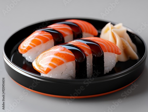 A black plate topped with sushi on top of a table photo