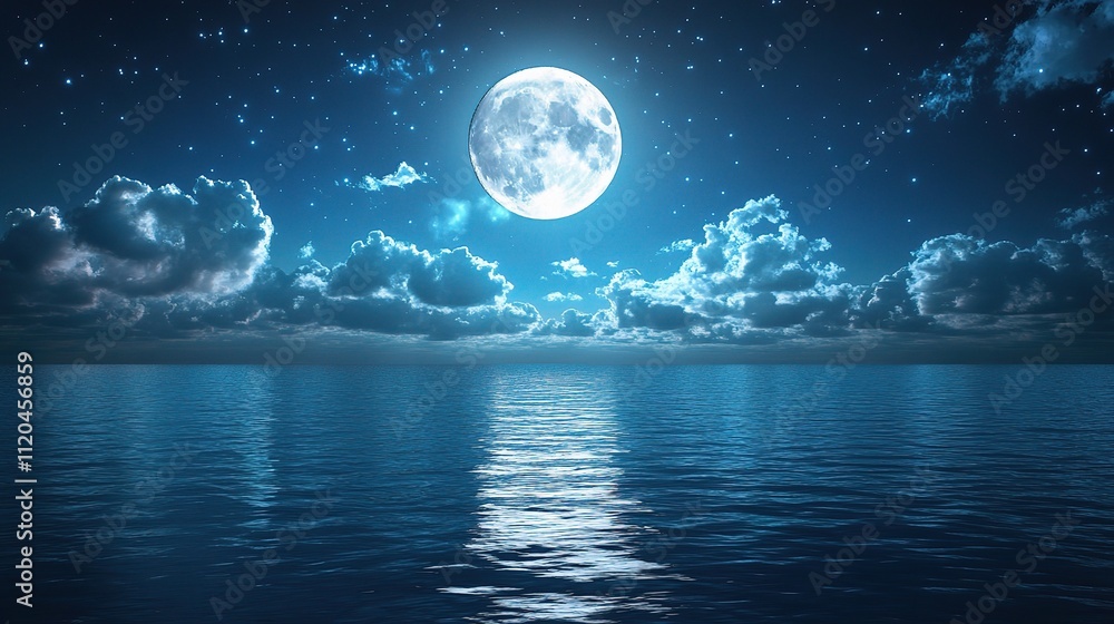Fototapeta premium Serene Moonlit Scene Over Sparkling Water at Night