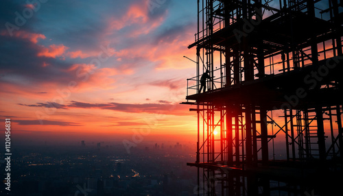 A laborer on scaffolding atop a skyscraper during a vibrant sunset.