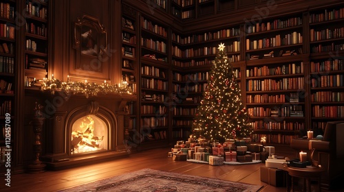 living room decorated with new year tree and bookshelf