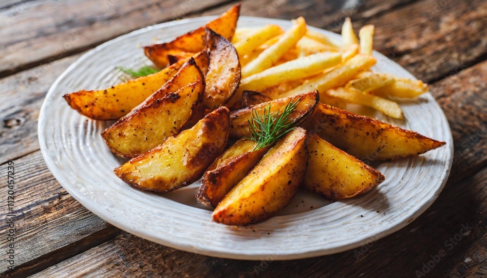 Crispy Potato Wedges and Fries Styled in Rustic and Vibrant Food Photography Themes Crispy Potato Wedges and Fries Styled in Rustic and Vibrant Food Photography Themes