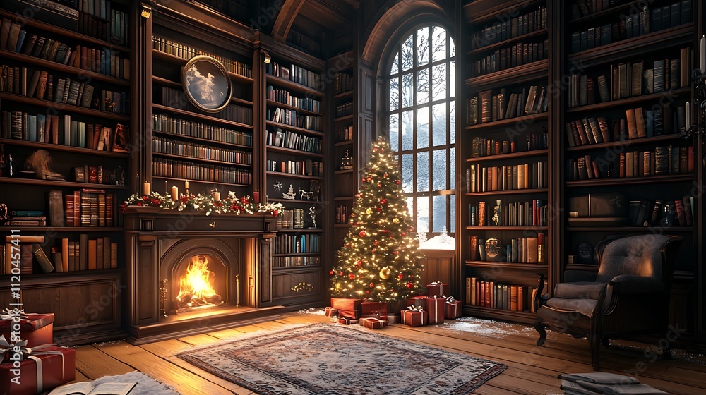 living room decorated with new year tree and bookshelf living room decorated with new year tree and bookshelf