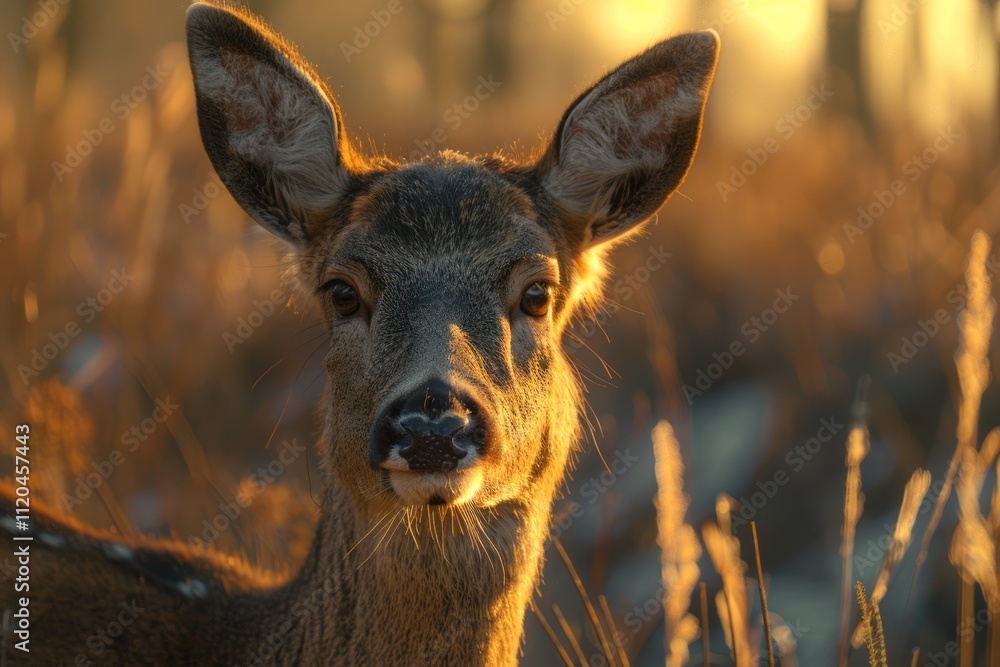 close up of a female deer in the golden hour sunlight close up of a female deer in the golden hour sunlight